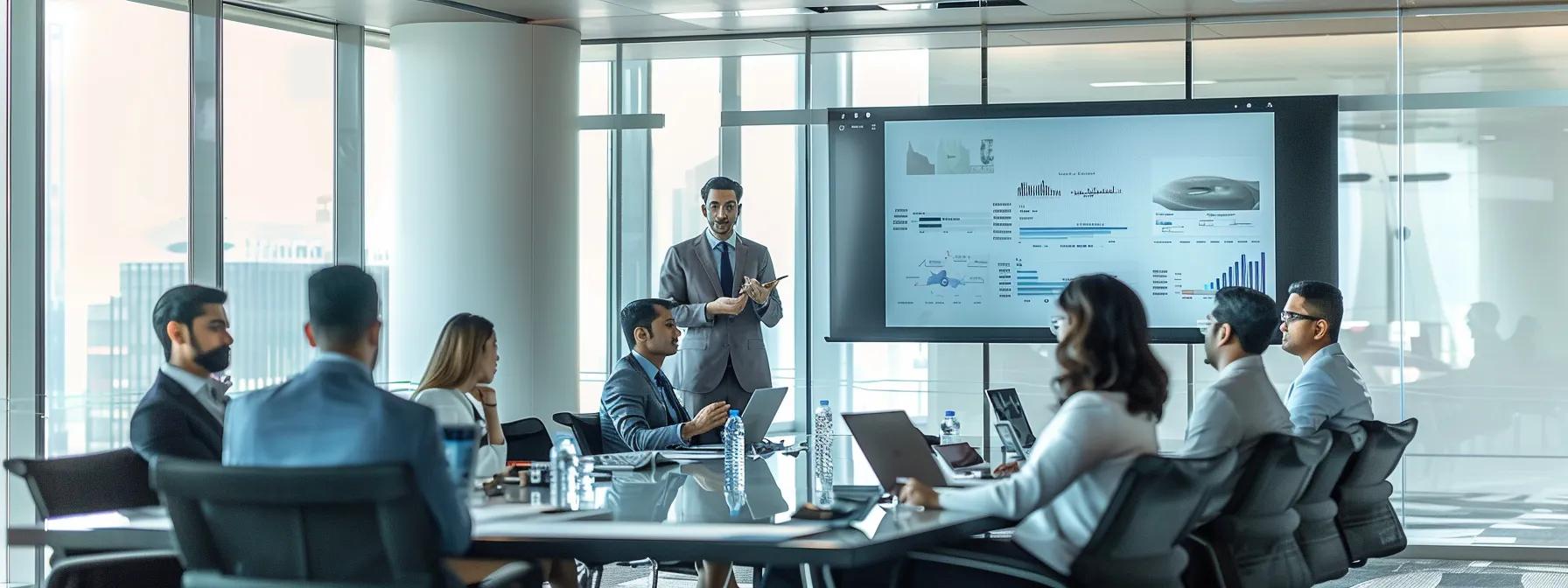 a sleek, modern office conference room in abu dhabi, featuring a diverse team discussing safety protocols while reviewing a digital presentation on fire prevention strategies.