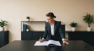 Business owner submitting Civil Defense Certificate application online in an office