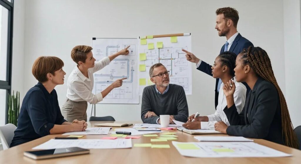 Professional conducting a fire risk assessment in a commercial building, showcasing fire safety equipment