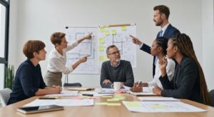 Professional conducting a fire risk assessment in a commercial building, showcasing fire safety equipment