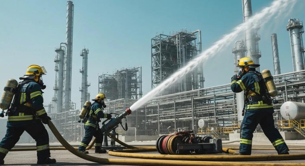 Industrial firefighters in action with advanced equipment in Abu Dhabi
