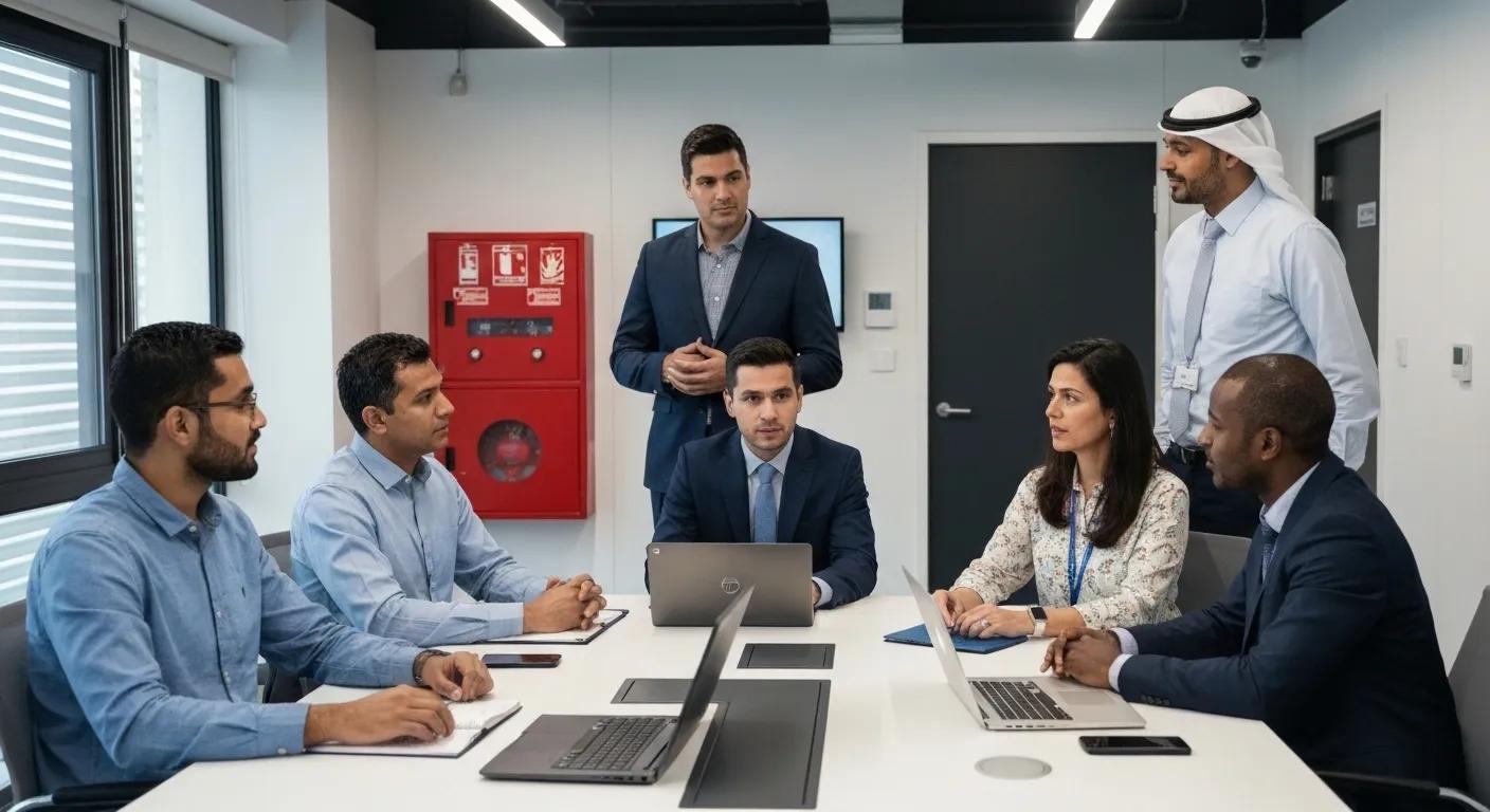 Diverse professionals discussing fire risk assessment in an Abu Dhabi office