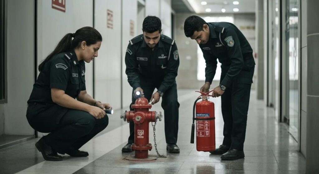 Modern office in Abu Dhabi showcasing fire safety compliance with visible fire extinguishers and smoke detectors