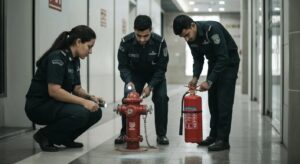 Modern office in Abu Dhabi showcasing fire safety compliance with visible fire extinguishers and smoke detectors