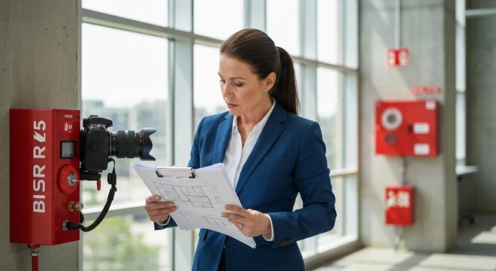 Fire safety audit in a commercial building with an auditor inspecting fire safety equipment