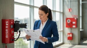 Fire safety audit in a commercial building with an auditor inspecting fire safety equipment