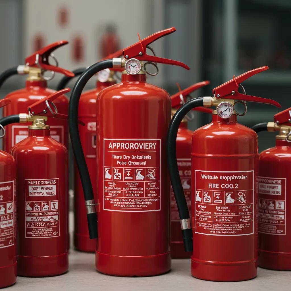 Selection of approved fire extinguishers including ABC dry powder and CO₂ in a professional setting