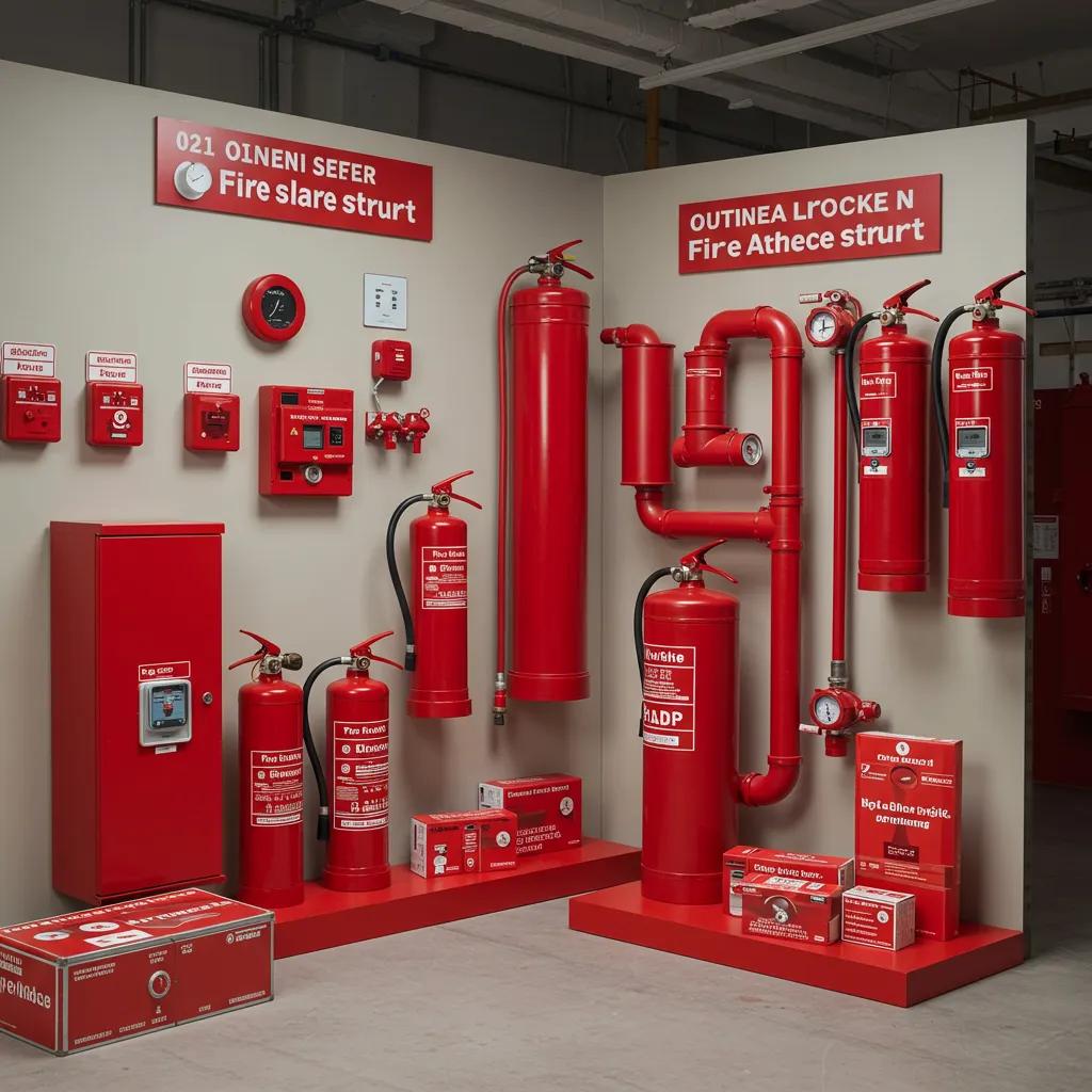 Diverse fire safety products including alarms and extinguishers in a modern setting