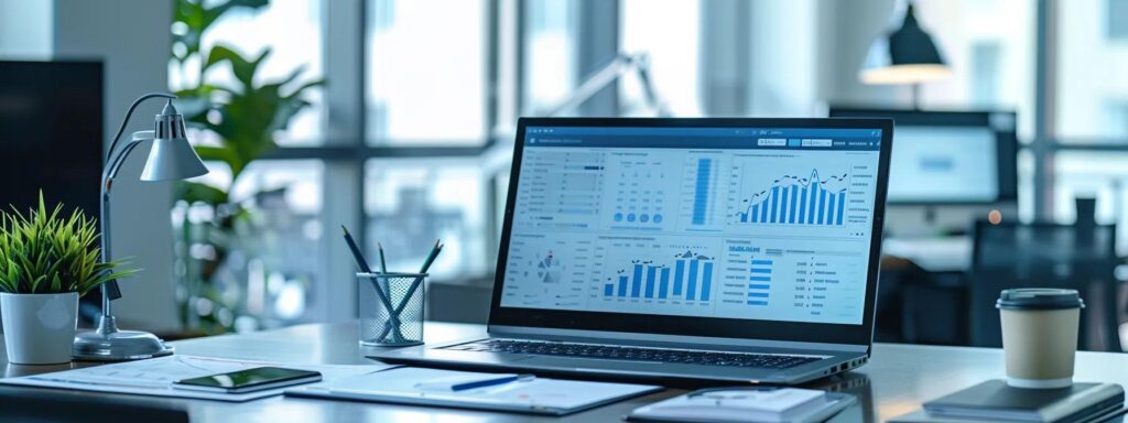 a modern office environment features a professional analyzing detailed price quotes and service contracts for fire protection system providers, with a sleek laptop and digital charts displayed prominently on the desk, showcasing an emphasis on informed decision-making in abu dhabi's competitive market.