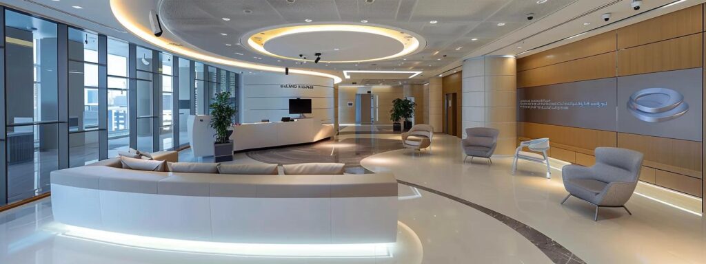 a sharp, professional office environment showcases a presentation panel displaying intricate fire protection system pricing models alongside detailed case studies from varied abu dhabi sectors, emphasizing the complexity and cost variations based on building size and local regulations.