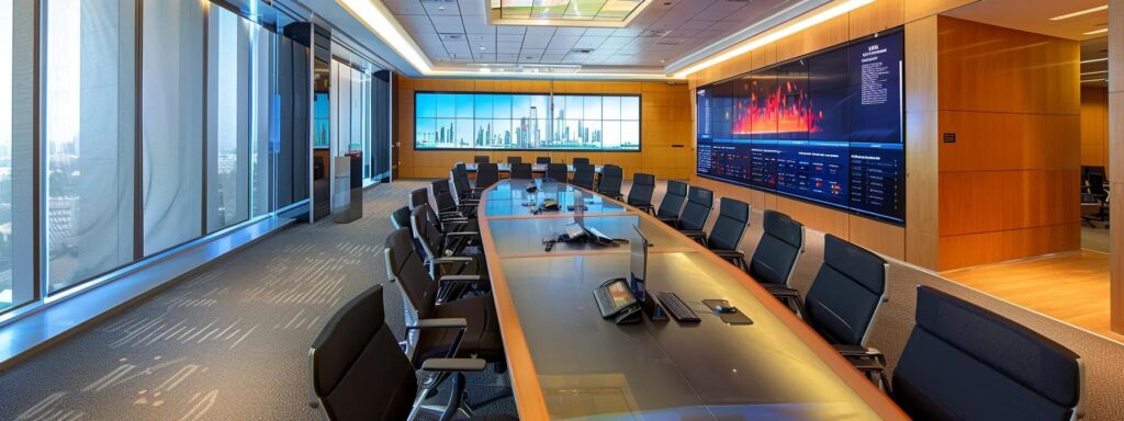 a sleek modern office conference room in abu dhabi, featuring a large digital display showcasing various fire protection systems' pricing ranges, surrounded by minimalist furniture and subtle indoor lighting that emphasizes professionalism and urgency in safety discussions.