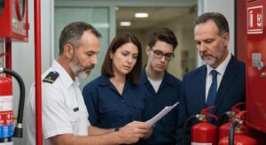 Fire risk assessment in Abu Dhabi showcasing a professional inspecting safety equipment