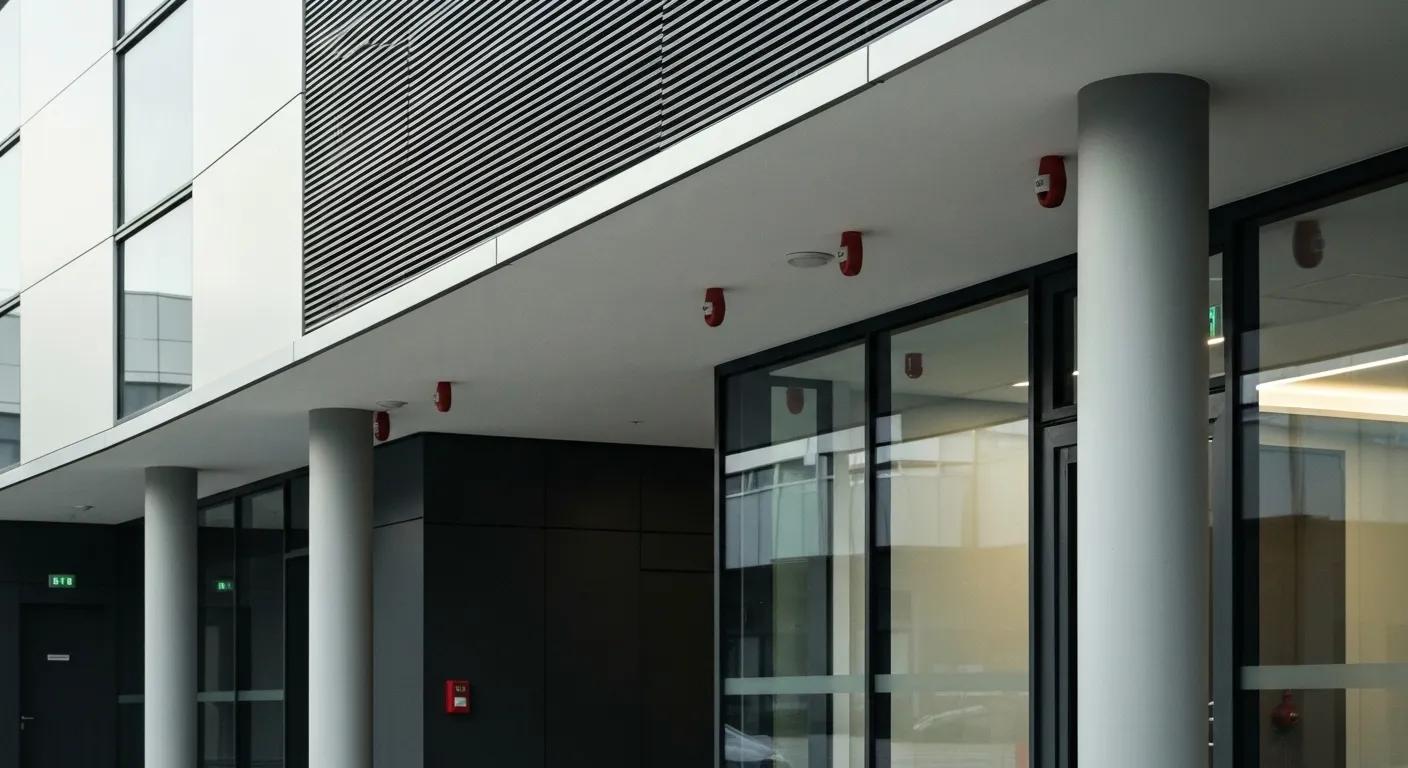Modern fire prevention systems including alarms and sprinklers in a commercial building