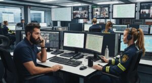 Firefighters executing emergency response plans in an urban setting, emphasizing fire safety and preparedness