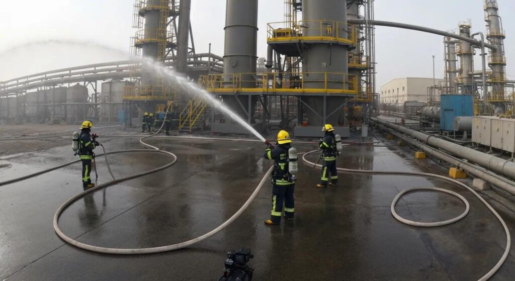 Firefighters in action at an industrial site in Abu Dhabi, highlighting firefighting services and safety