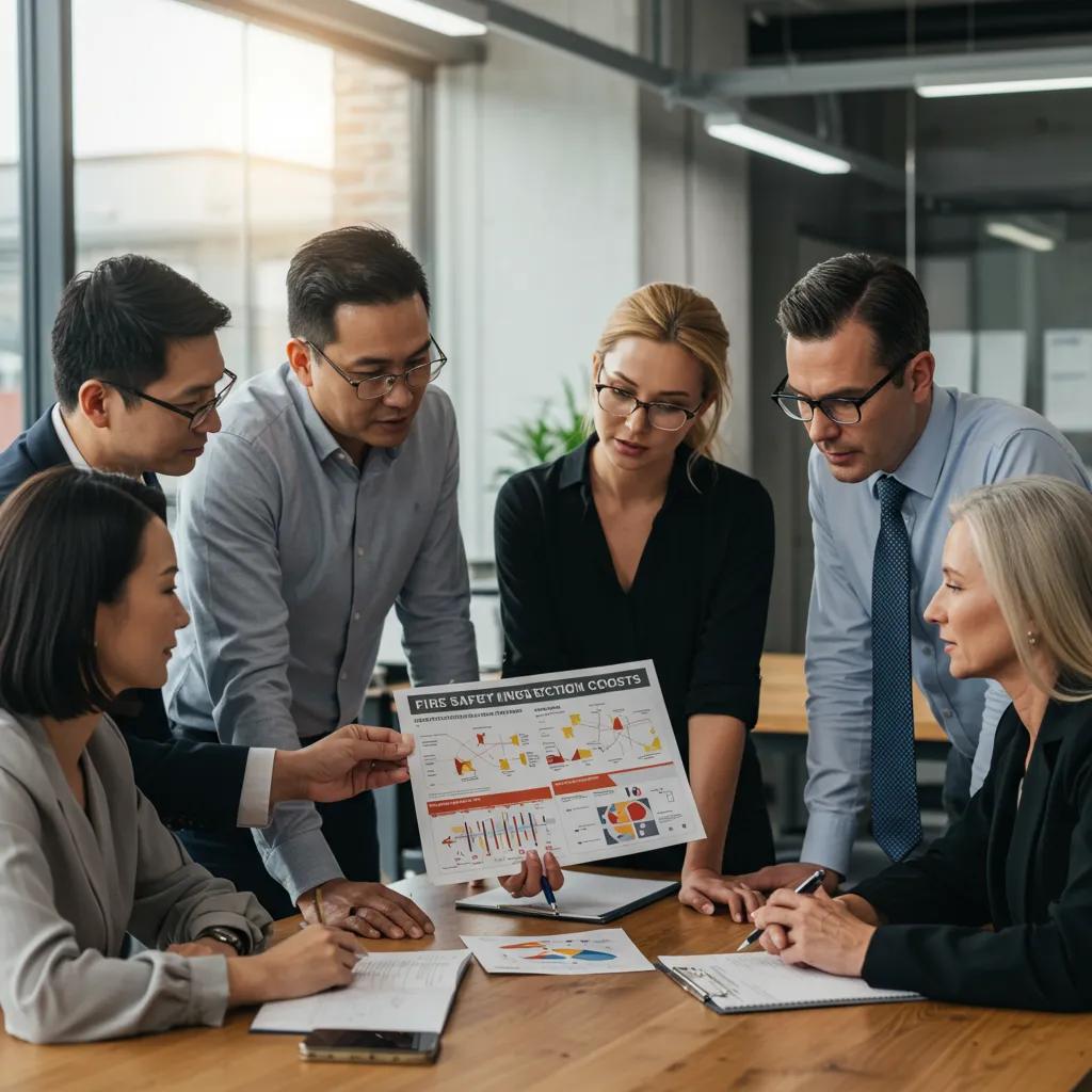 Business owners discussing fire system inspection costs in a modern office