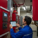 Fire system inspection in Abu Dhabi with a technician checking a fire alarm system