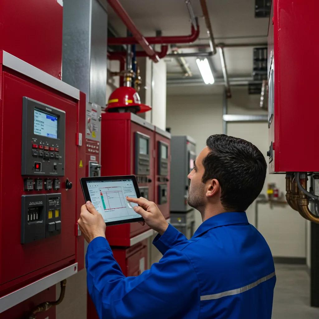 Fire system inspection in Abu Dhabi with a technician checking a fire alarm system