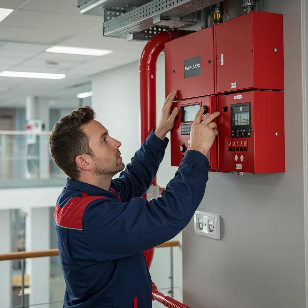Professional inspecting a fire alarm system in a commercial building, highlighting fire maintenance services