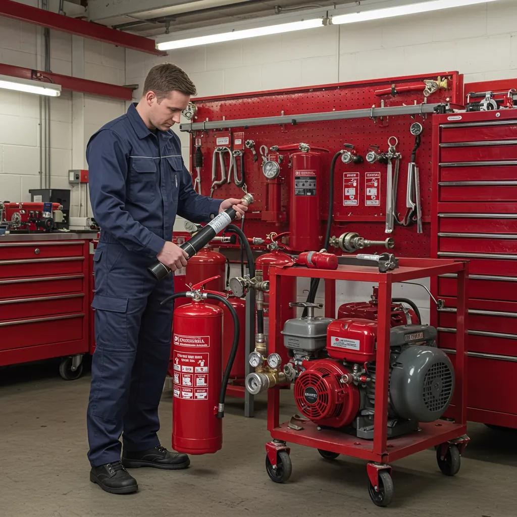 Technician performing maintenance on firefighting equipment in a workshop