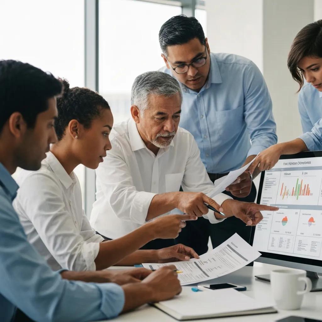 Facility managers reviewing a fire safety service agreement and compliance documents during an office meeting