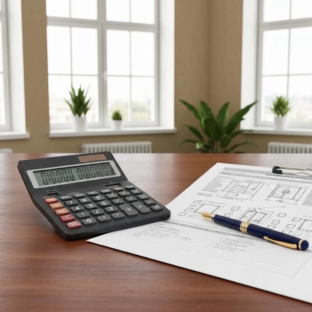 Calculator and a fire‑safety inspection report on a desk — budgeting for fire system inspections