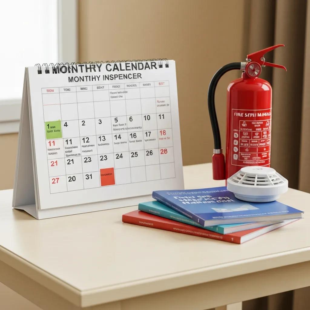 Calendar with fire safety inspection dates and manuals on a desk