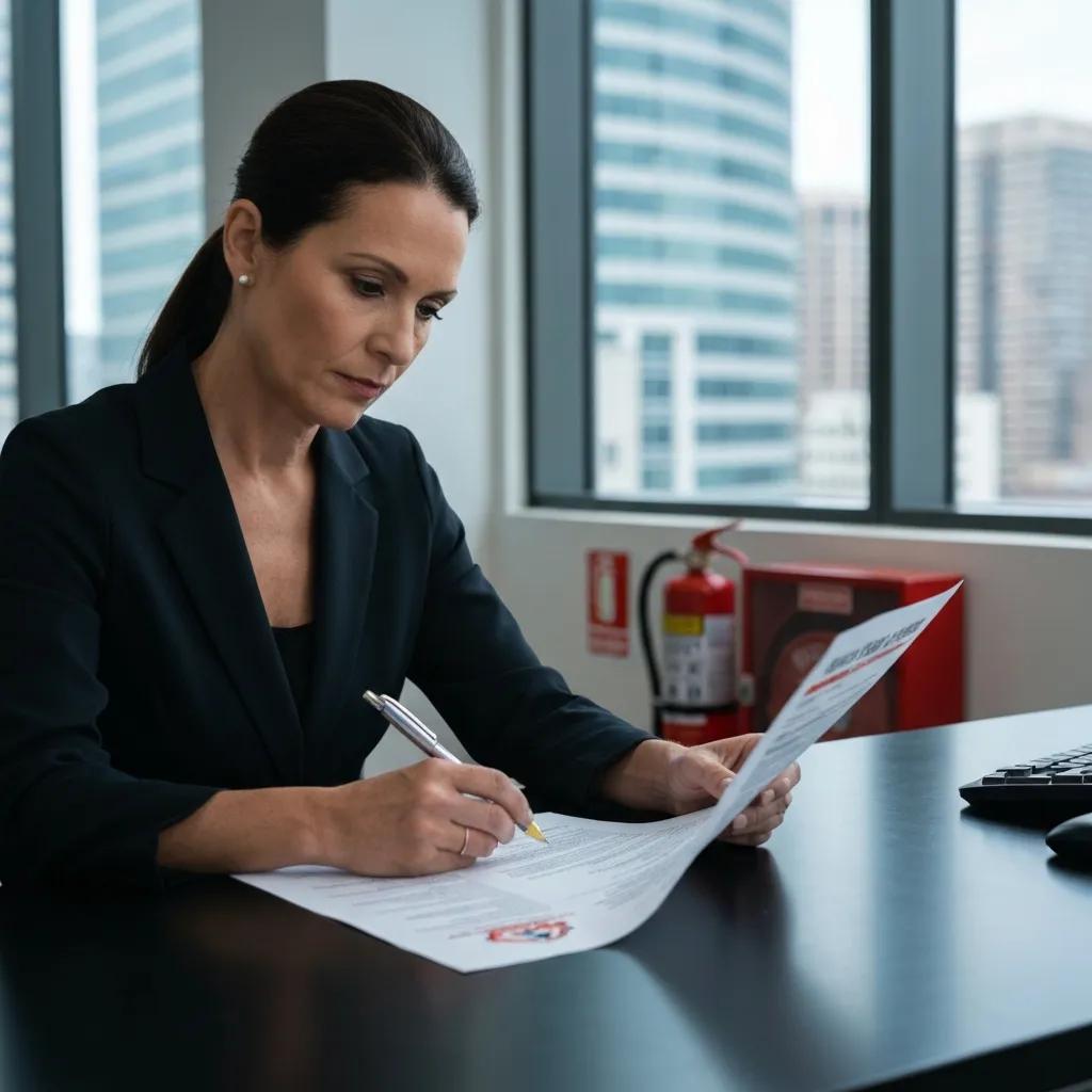 Facility manager reviewing a fire safety compliance checklist in an office