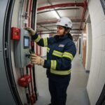 Fire safety audit technician inspecting fire alarm systems in a commercial building