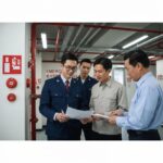 Fire safety compliance inspection team reviewing documents and inspecting fire protection systems in a commercial building