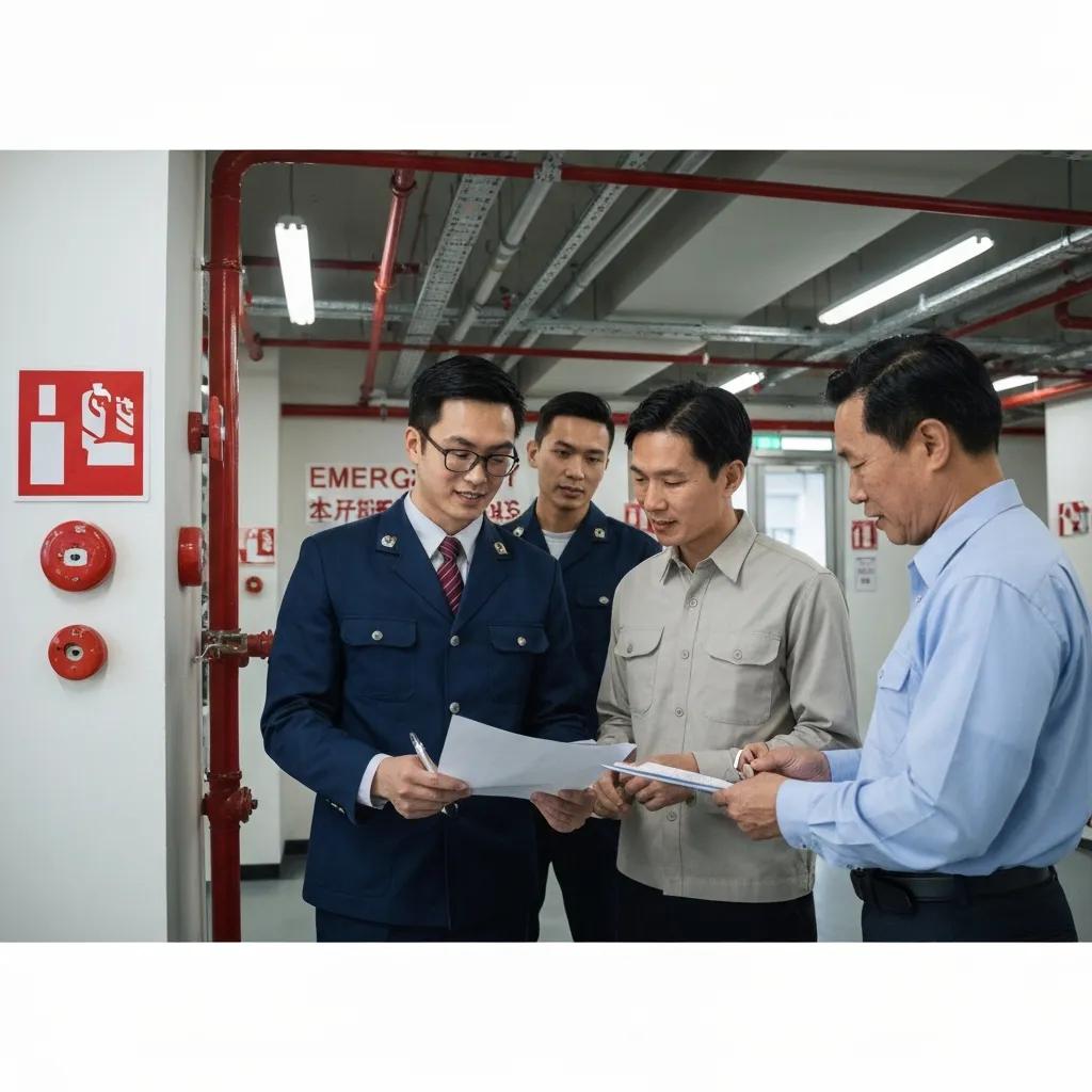 Fire safety compliance inspection team reviewing documents and inspecting fire protection systems in a commercial building