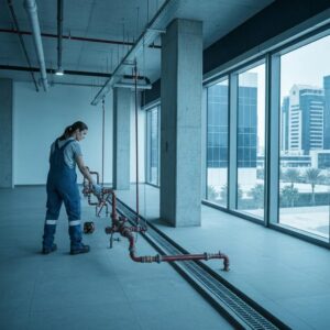 Fire safety inspection technician examining equipment in a modern Abu Dhabi building
