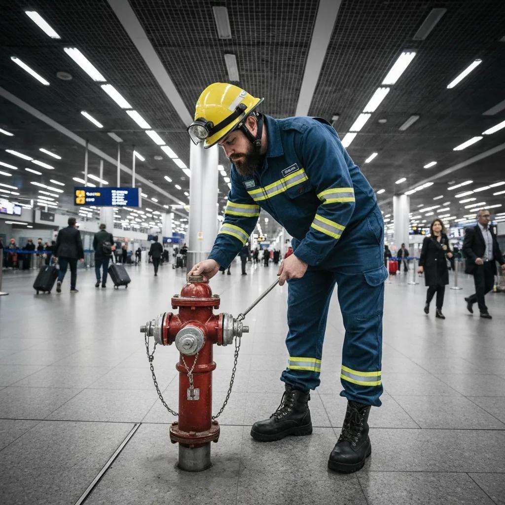 Inspector performing an on-site walkthrough, checking exits and fire safety equipment in a commercial building