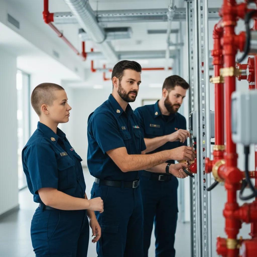 Technicians performing scheduled fire safety maintenance and recording results