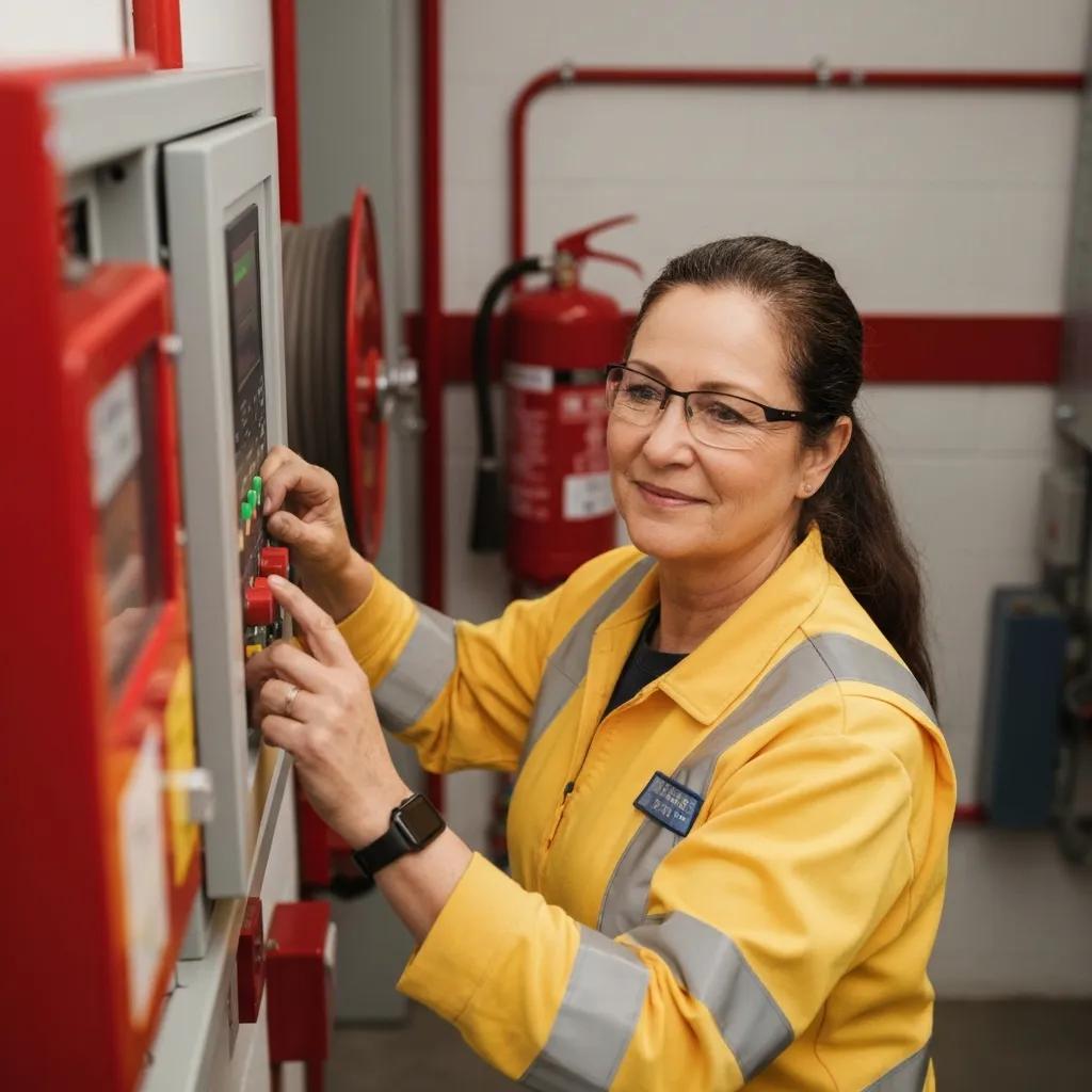 Fire safety technician inspecting a fire alarm control panel in a commercial building
