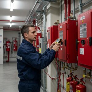 Fire safety technician inspecting a fire alarm system in a commercial building