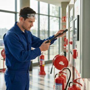 Fire system inspection technician examining a fire alarm panel in a commercial building