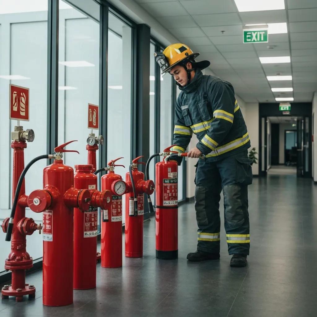 Inspector checking firefighting equipment for compliance