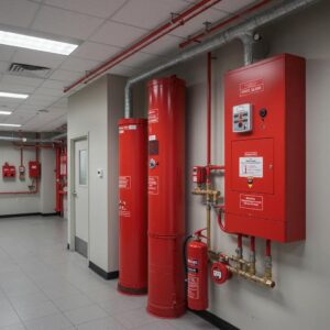 Modern fire safety systems including alarms, sprinklers, and extinguishers in a commercial building