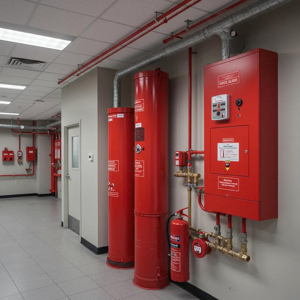 Modern fire safety systems including alarms, sprinklers, and extinguishers in a commercial building
