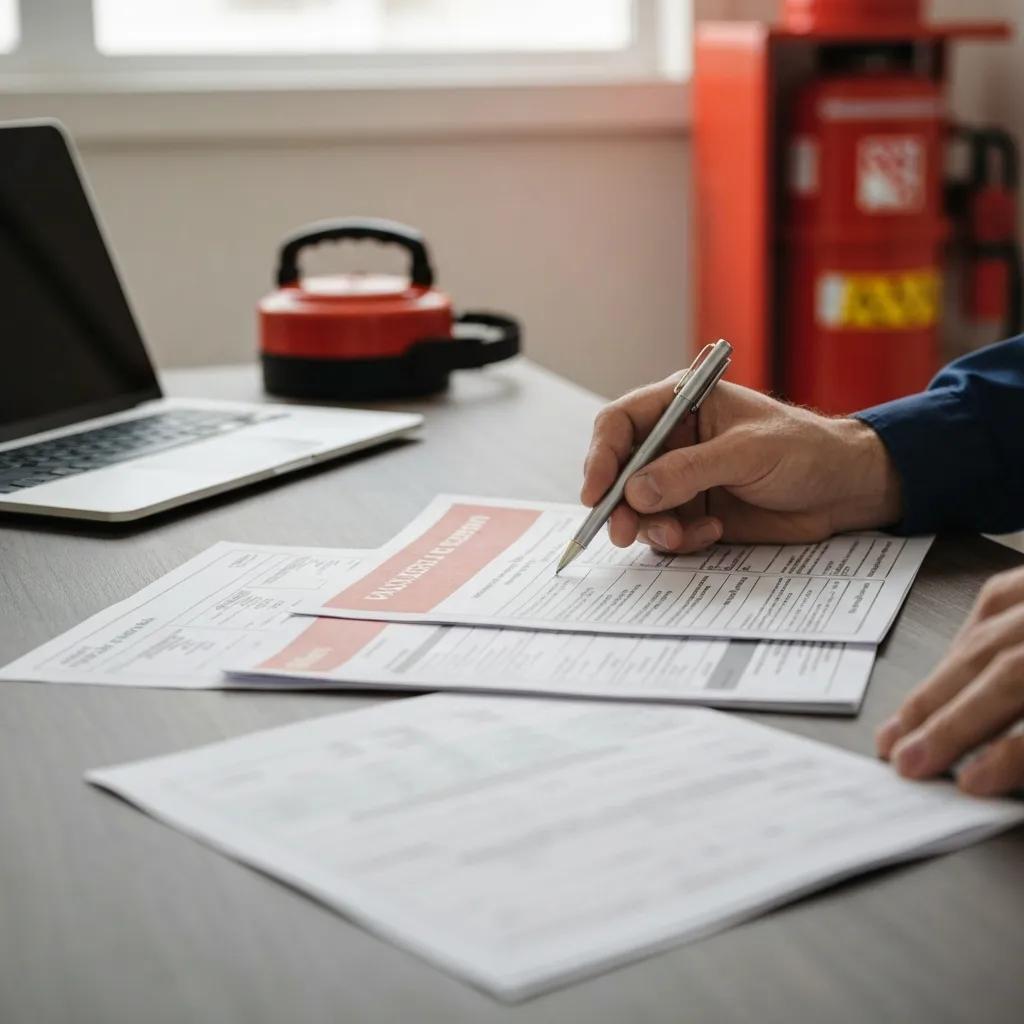 Professional reviewing fire safety compliance documents and maintenance records during an inspection