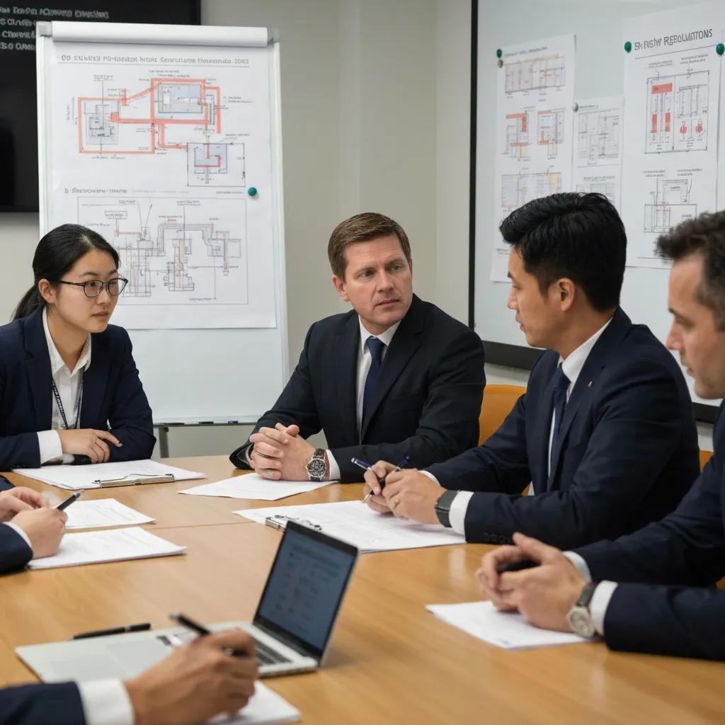 Professionals discussing fire safety regulations in a conference room
