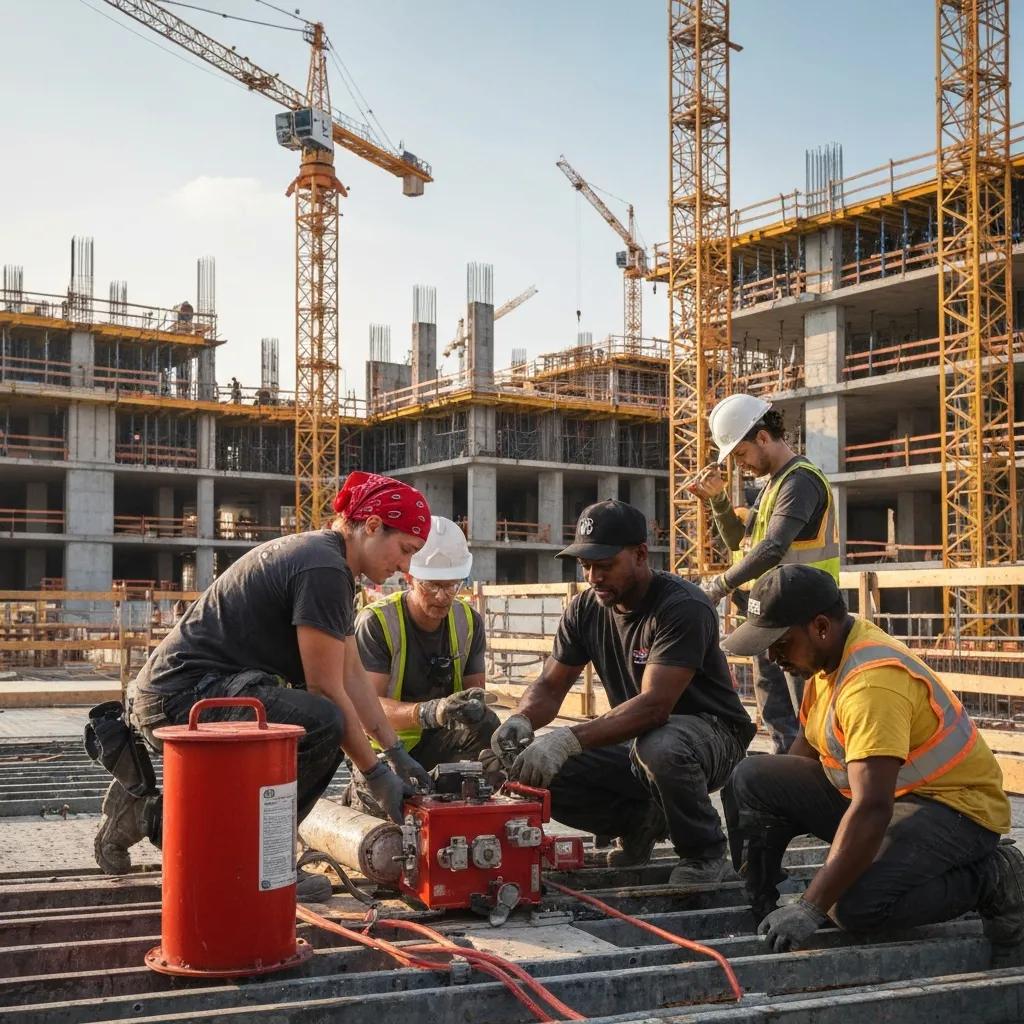 Maintenance team servicing fire protection equipment during an annual check