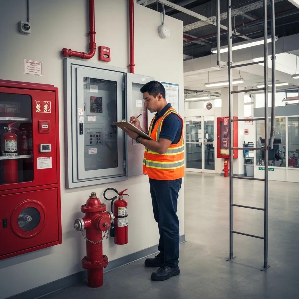 Technician carrying out a fire safety inspection inside a commercial property