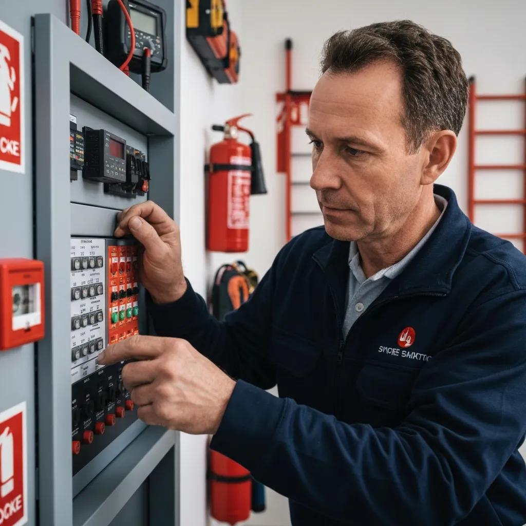 Technician servicing a fire alarm control panel