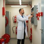 Technician inspecting a fire alarm panel in a commercial building, emphasizing fire safety and compliance