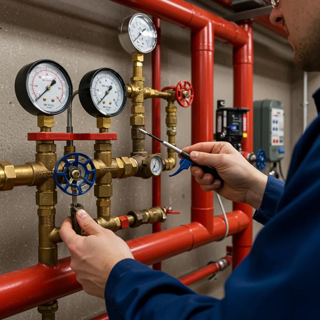 Technician inspecting fire sprinkler system for corrosion and leaks