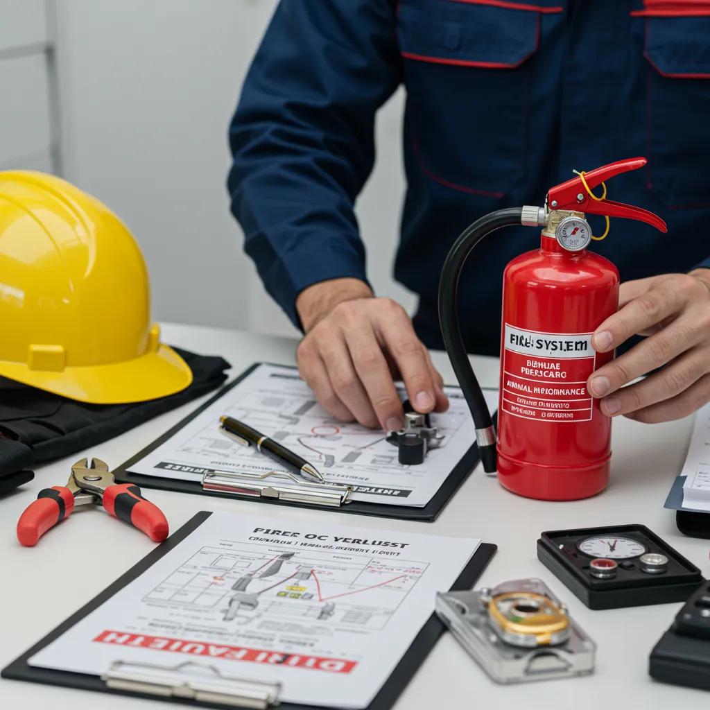 Technician performing annual maintenance on a fire extinguisher with logs and tools