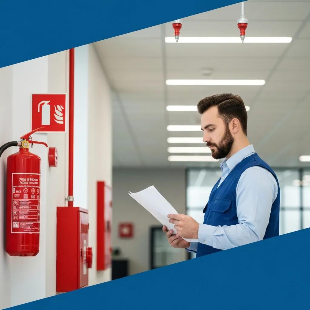 Technician reviewing fire safety regulations and equipment during an inspection