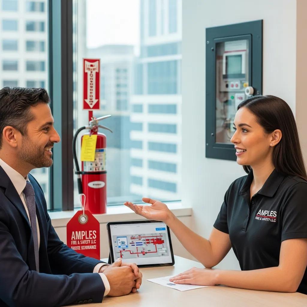 Amples Fire & Safety representative advising a business owner on AMC benefits and compliance